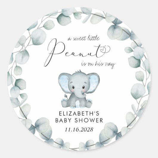 Elephant Eucalyptus Baby Boy Shower Ronde Sticker (Voorkant)