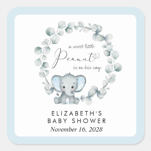 Elephant Eucalyptus Baby Boy Shower Vierkante Sticker (Voorkant)