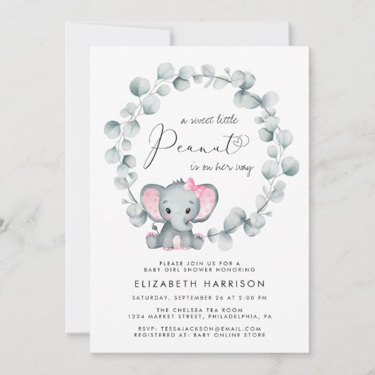 Elephant Eucalyptus Baby Girl Shower Kaart (Voorkant)