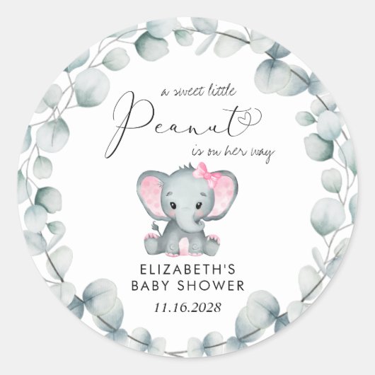 Elephant Eucalyptus Baby Girl Shower Ronde Sticker (Voorkant)