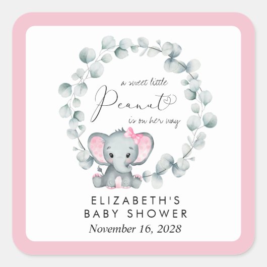 Elephant Eucalyptus Baby Girl Shower Vierkante Sticker (Voorkant)