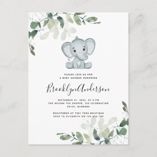 Elephant Eucalyptus Baby shower Uitnodiging (Voorkant)