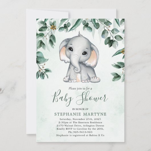 Elephant Eucalyptus Foliage Waterverf Baby shower Kaart (Voorkant)