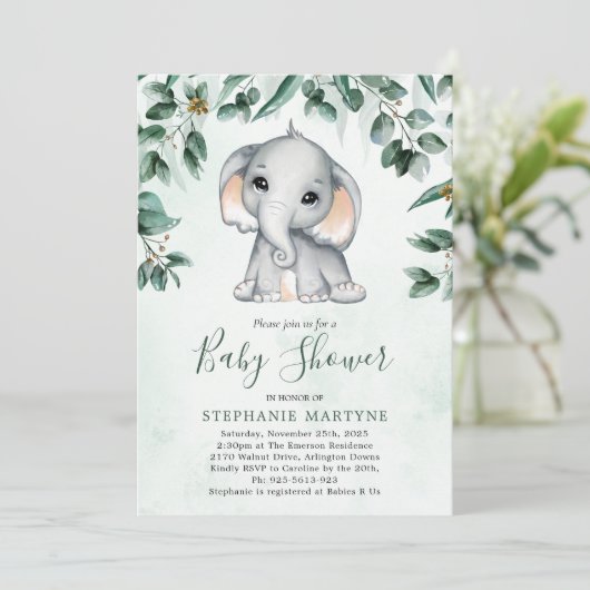 Elephant Eucalyptus Foliage Waterverf Baby shower Kaart (Staand voorkant)