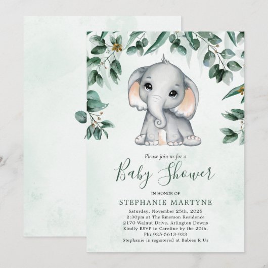 Elephant Eucalyptus Foliage Waterverf Baby shower Kaart (Voorkant / Achterkant)