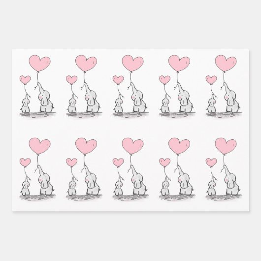 Elephant-familie met roze hartballonnen inpakpapier vel (Voorkant)