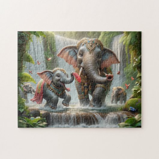 Elephant Family Jungle Waterfall Happy Time Legpuzzel (Horizontaal)