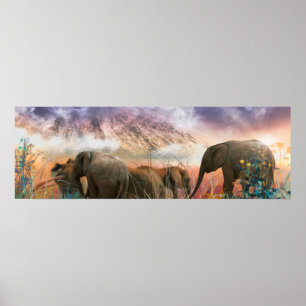 Elephant Family of Mount Kilimanjaro Poster