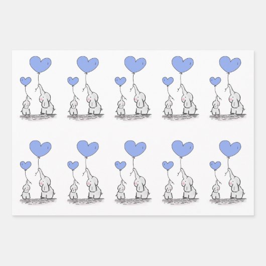 Elephant Family with Blue Heart Balloons Inpakpapier Vel (Voorkant)