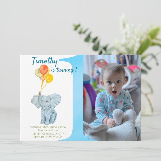 Elephant First Birthday Boy Kaart (Staand voorkant)