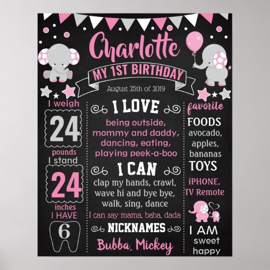Elephant First Birthday chalkboard Poster (Voorkant)