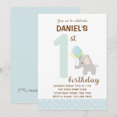 Elephant First Birthday Invitation (blauw) Kaart (Voorkant / Achterkant)