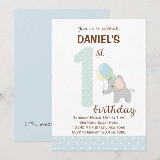 Elephant First Birthday Invitation (blauw) Kaart (Voorkant / Achterkant)