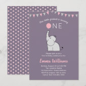 Elephant First Birthday Party Invitation for Girl Kaart (Voorkant / Achterkant)