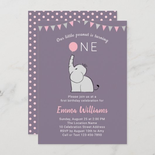 Elephant First Birthday Party Invitation for Girl Kaart (Voorkant / Achterkant)