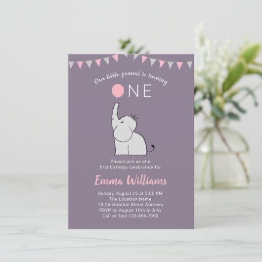Elephant First Birthday Party Invitation for Girl Kaart (Staand voorkant)