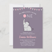 Elephant First Birthday Party Invitation for Girl Kaart (Voorkant)