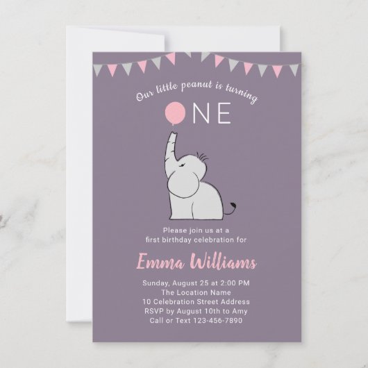 Elephant First Birthday Party Invitation for Girl Kaart (Voorkant)
