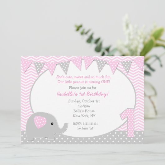 Elephant First Birthday Party Invitations Kaart (Staand voorkant)
