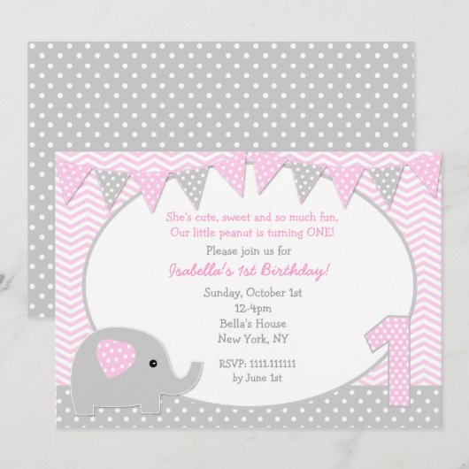 Elephant First Birthday Party Invitations Kaart (Voorkant / Achterkant)