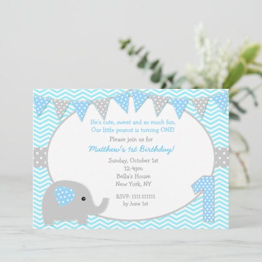 Elephant First Birthday Party Invitations Kaart (Staand voorkant)