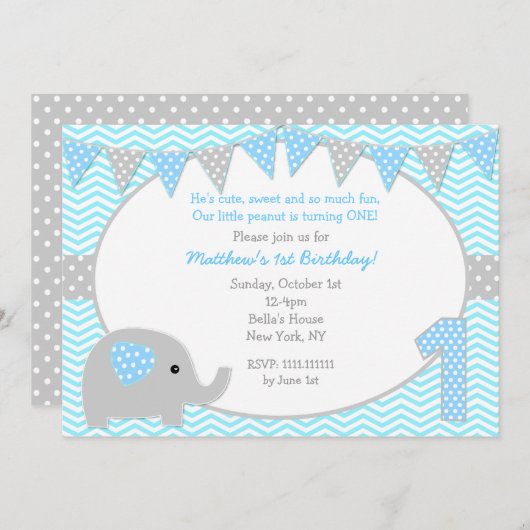 Elephant First Birthday Party Invitations Kaart (Voorkant / Achterkant)