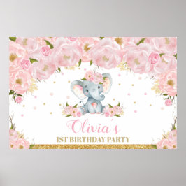 Elephant Floral 1st Birthday Party Backdrop Banner Poster