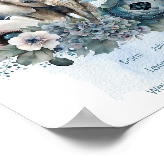 Elephant Floral Baby Boy Nursery Birth Statistics Poster (Hoek)