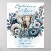 Elephant Floral Baby Boy Nursery Birth Statistics Poster (Voorkant)