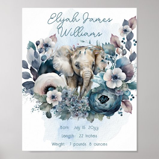 Elephant Floral Baby Boy Nursery Birth Statistics Poster (Voorkant)