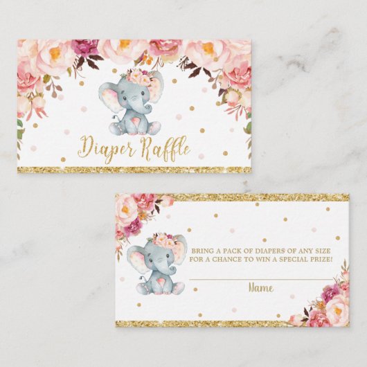 Elephant Floral Baby shower Diaper Raffle Ticket Informatiekaartje (Voorkant / Achterkant)
