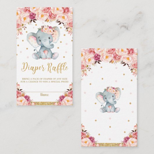 Elephant Floral Baby shower Diaper Raffle Ticket Informatiekaartje (Voorkant / Achterkant)