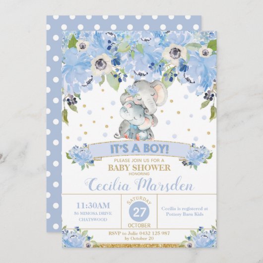 Elephant Floral Baby shower Invitation Boy Kaart (Voorkant / Achterkant)