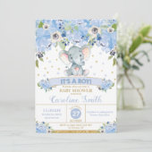 Elephant Floral Baby shower Invitation Boy Kaart (Staand voorkant)