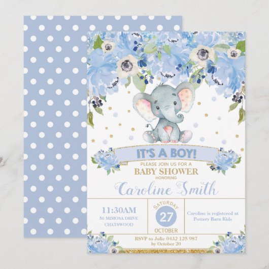 Elephant Floral Baby shower Invitation Boy Kaart (Voorkant / Achterkant)