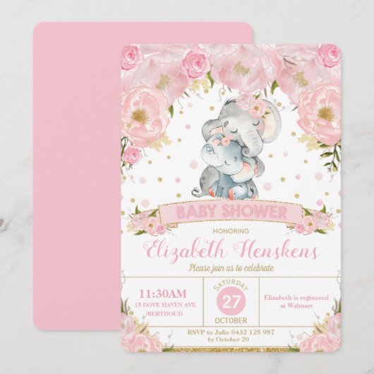 Elephant Floral Baby shower Invitation Girl Kaart (Voorkant / Achterkant)