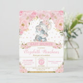 Elephant Floral Baby shower Invitation Girl Kaart (Staand voorkant)