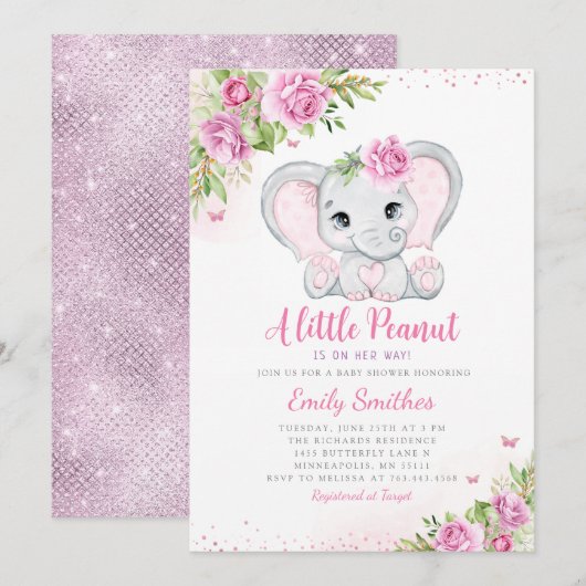 Elephant Floral Baby shower Invitation Girl Kaart (Voorkant / Achterkant)