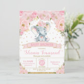 Elephant Floral Baby shower Invitation Girl Kaart (Staand voorkant)