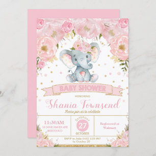 Elephant Floral Baby shower Invitation Girl Kaart