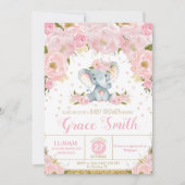 Elephant Floral Baby shower Invitation Girl Kaart (Voorkant)