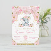 Elephant Floral Baby shower Invitation Girl Kaart (Staand voorkant)
