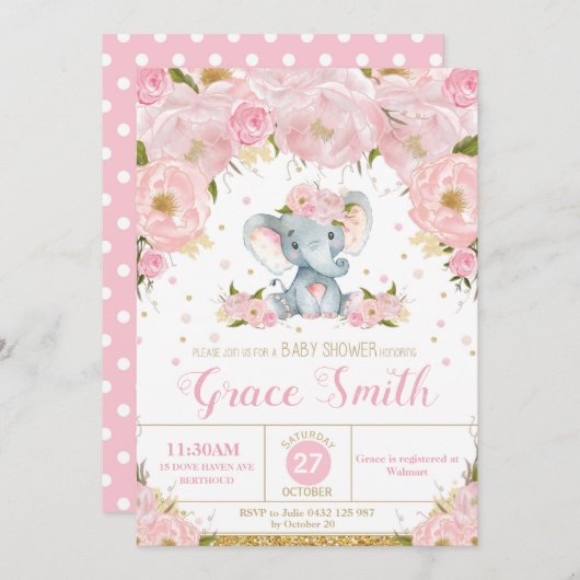 Elephant Floral Baby shower Invitation Girl Kaart (Voorkant / Achterkant)