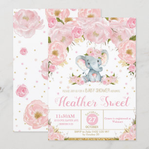 Elephant Floral Baby shower Invitation Girl Kaart