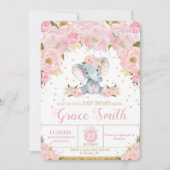 Elephant Floral Baby shower Invitation Girl Kaart (Voorkant)