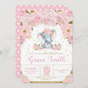 Elephant Floral Baby shower Invitation Girl Kaart