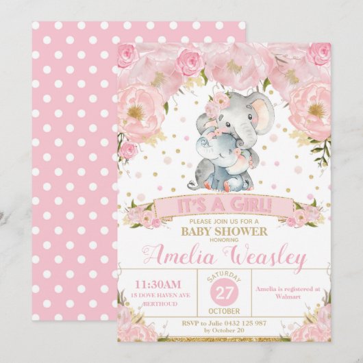 Elephant Floral Baby shower Invitation Girl Kaart (Voorkant / Achterkant)