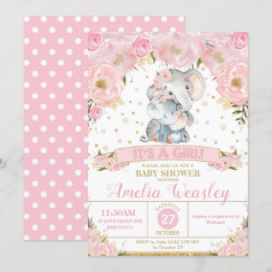 Elephant Floral Baby shower Invitation Girl Kaart