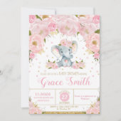 Elephant Floral Baby shower Invitation Girl Kaart (Voorkant)