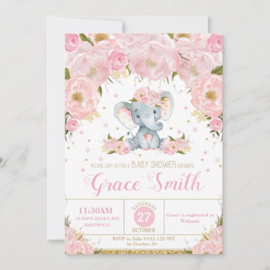 Elephant Floral Baby shower Invitation Girl Kaart (Voorkant)